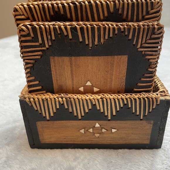 Vintage Wicker Rattan Woven Coasters Holder Set of 6 Tiki Bar Boho Rustic - Picture 2 of 6